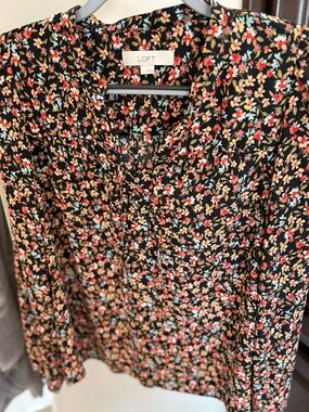 LOFT Black Floral Top with Red, Pink, Yellow & Blue Blooms